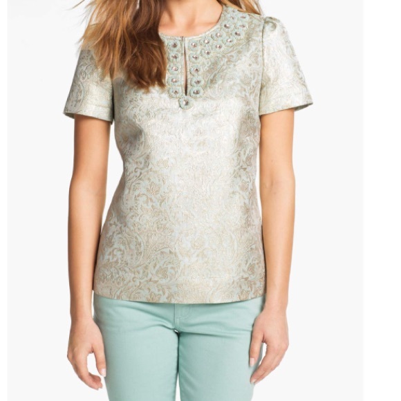 NWOT! Tory Burch Metallic Silk Top, Size 8 - Picture 2 of 8